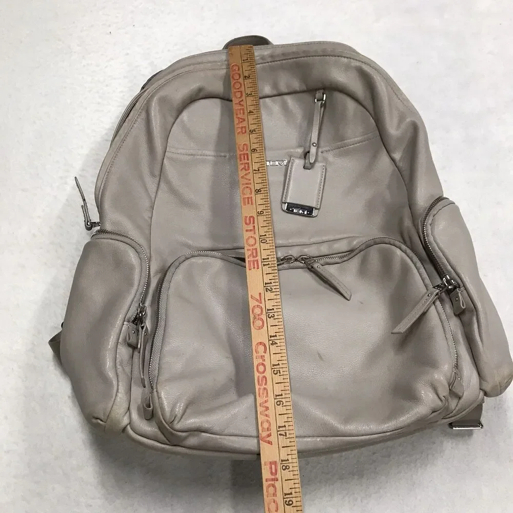 TUMI Voyageur Calais Laptop Backpack Leather Travel Gray Side Zip Padded Shoulde